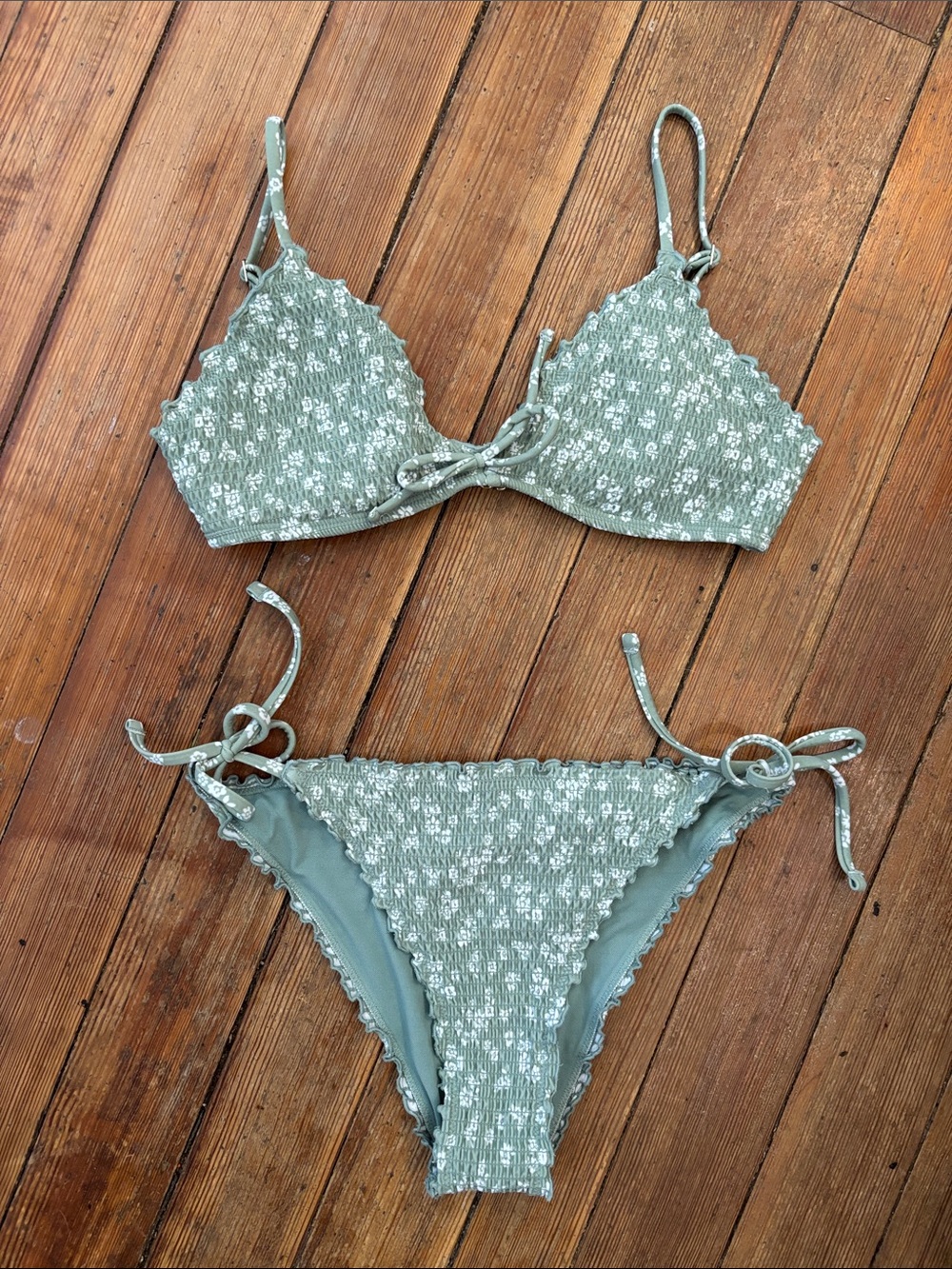 Hollister Sage Green Smocked Floral Tie-Side Bikini